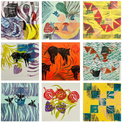 9 verschiedene Quadrate sind in dreier Reihen angeordnet, sie sind mit bunten Formen und Mustern bedruckt, die sich überlagern.