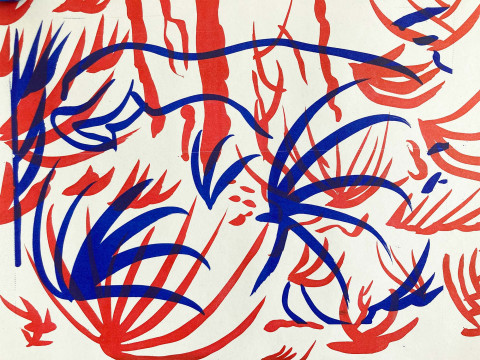 Rote und Blaue geschwungene Linien überlagern sich, sehen aus wie abstrakte Aloe Vera