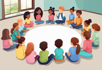 Eine Grafische bunte Darstellung wie Kinder in einem Kreis sitzen, ruhige Atmosphäre.